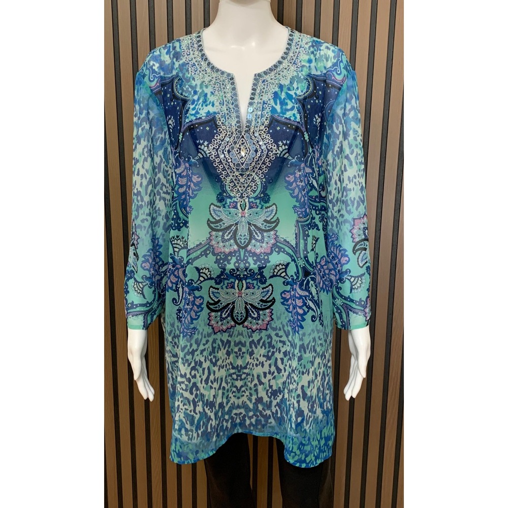 Chicos Blue Teal Animal Paisley Sequin Tunic Top Size 4 US 20/22 Sheer Blouse